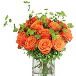 Orange roses in a clear glass vase with green filler