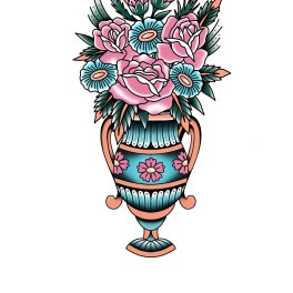Pink and blue floral bouquet in a decorative vase