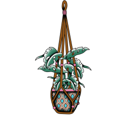 Hanging potted plant with split-leaf foliage in a patterned pot