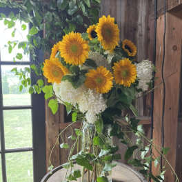 Sunflowers and white hydrangeas in a glass vase with trailing greenery