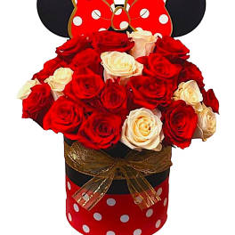 Red and white roses in a Minnie Mouse-themed box with a bow