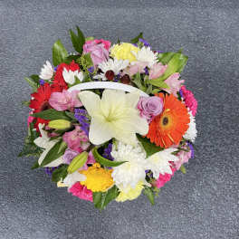 Mixed bouquet with lilies, gerbera daisies, roses, and chrysanthemums