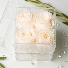Four white roses in a clear acrylic box with scattered crystals
