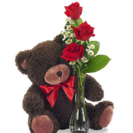 Teddy bear holding a vase of red roses and small white flowers