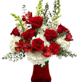 Red roses and white flowers arranged in a red vase