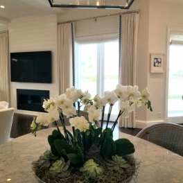 White orchids arranged in a low bowl centerpiece on a table