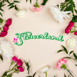 Flowers arranged around a Flowerland logo on a beige background