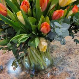 Bouquet of orange and pale yellow tulips in a glass vase