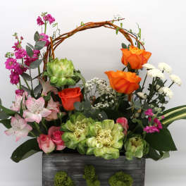 Mixed floral arrangement in a dark wooden box with an arched twig handle
