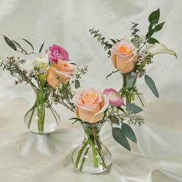 Three small floral arrangements in clear glass vases with peach and pink blooms