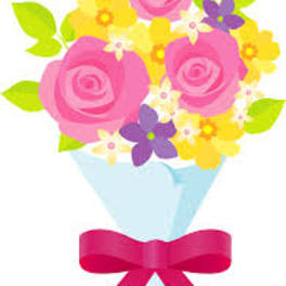 Bouquet of pink and yellow flowers wrapped in blue paper with a pink ribbon