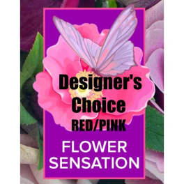 Purple floral sign with a pink flower and butterfly graphic