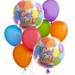 Colorful balloons with two clear balloons reading "Get Well"
