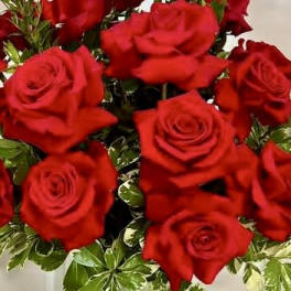 Bouquet of red roses in a glass vase with variegated greenery