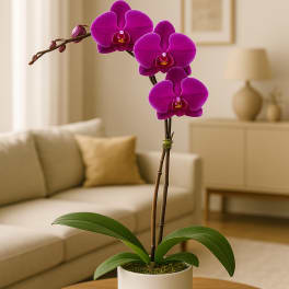 Potted purple orchid with three blooms in a white ceramic pot