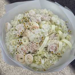 Bouquet of pale roses, ranunculus, hydrangeas, and small daisies wrapped in white paper