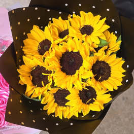 Bouquet of yellow sunflowers wrapped in black polka-dot paper
