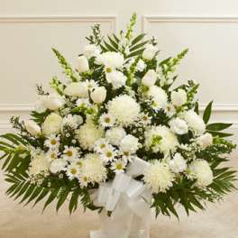 White floral spray with daisies and roses, accented by greenery and a white ribbon