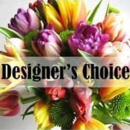 Colorful tulip bouquet with a "Designer’s Choice" banner