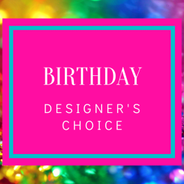Pink birthday designer's choice card on a colorful confetti background