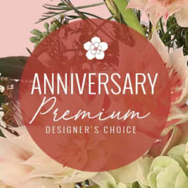 Anniversary designer's choice text over soft pink and cream flowers