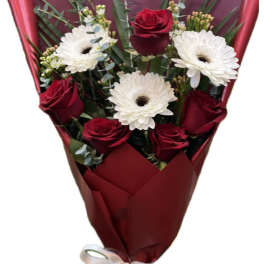 Bouquet of red roses and white gerbera daisies wrapped in burgundy paper
