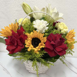 White Basket With Red Roses And Sunflowers 