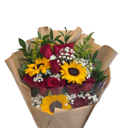 12 Red roses with 3 sunflowers.