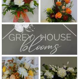 Collage of floral arrangements with roses, white blooms, and mixed bouquets