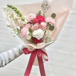 Hand-tied bouquet of pink and white carnations with a ribbon
