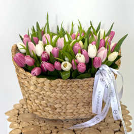 Basket of pink and white tulips with a ribbon
