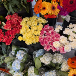 Buckets of colorful carnations and gerbera daisies at a flower market