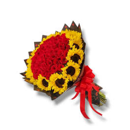 Bouquet of red roses and yellow sunflowers with a red ribbon