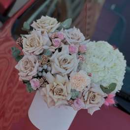 Bouquet of blush roses, pink spray roses, and white hydrangea