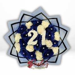 Blue and white rose bouquet arranged around the number 21
