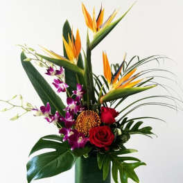 Tropical flower arrangement with red roses and orange bird of paradise in a green vase