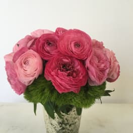 Pink ranunculus bouquet in a silver vase with green mossy filler