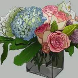 Pink roses and blue hydrangea in a square glass vase