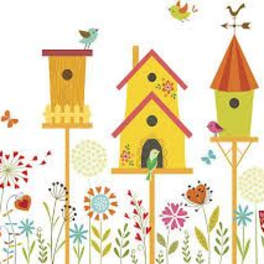 Illustration of colorful birdhouses with small birds and flowers