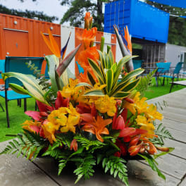 Tropical floral arrangement with orange, yellow, and red blooms in a low container