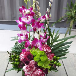 Tall orchid and carnation arrangement in a dark green container