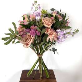 Bouquet of blush roses, pink alstroemeria, and lavender flowers