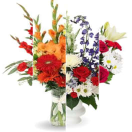 Mixed bouquet with red, orange, purple, and white flowers in a vase