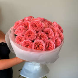 Bouquet of bright pink roses wrapped in pale paper