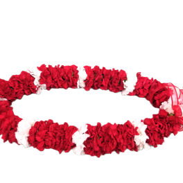 Red and white carnation lei with a ribbon bow