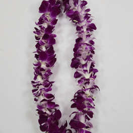 Two purple orchid leis on a white background