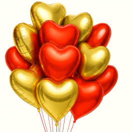 Cluster of red and gold heart-shaped balloons on strings