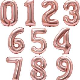 Rose gold number balloons from 0 to 9 on a white background