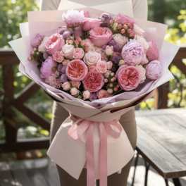 Pink rose bouquet wrapped in pale pink paper with a ribbon