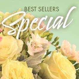 Yellow roses and pale pink flowers with "Best Sellers Special" text
